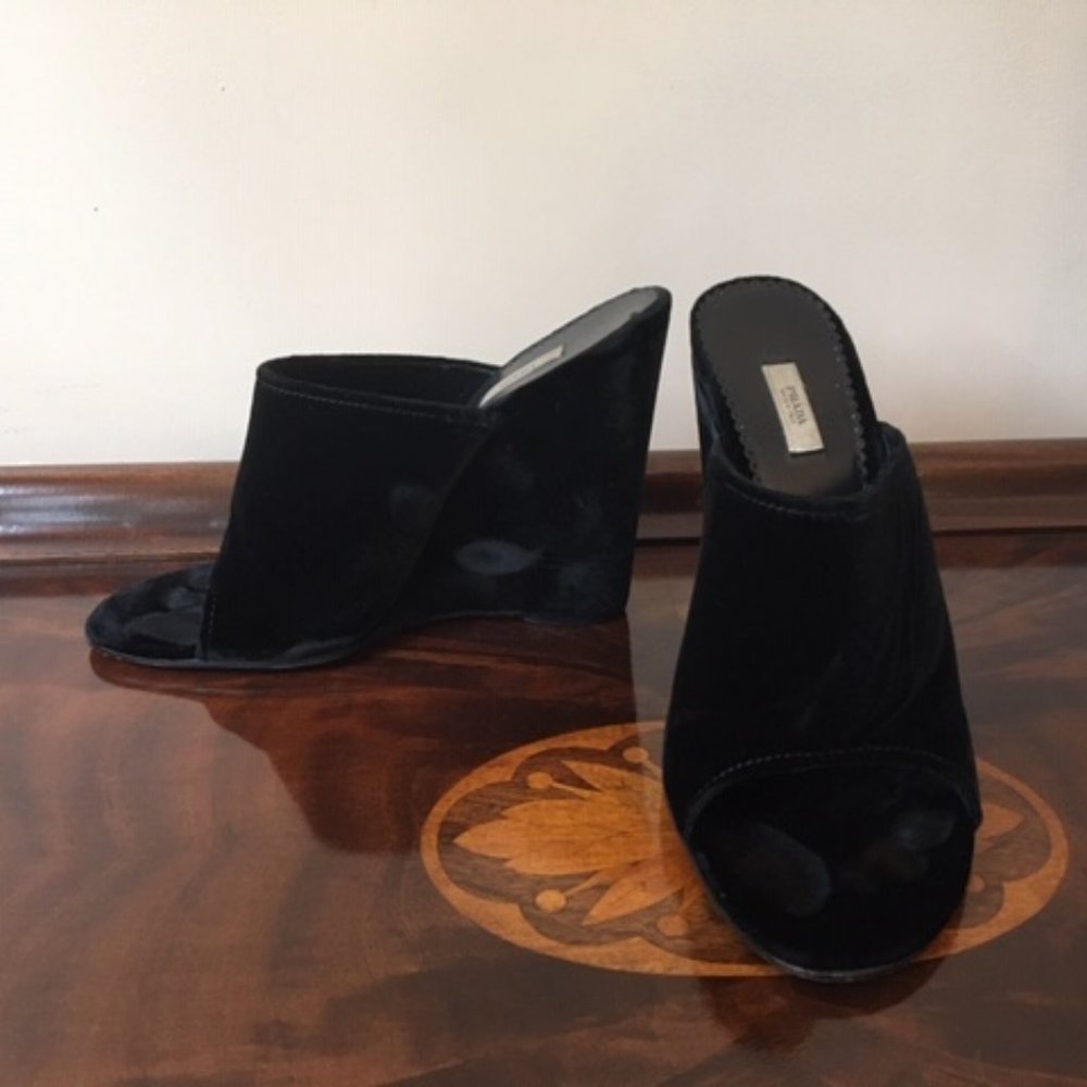 Prada Velvet Open Toe Wedge Sandals - Picture 2 of 7